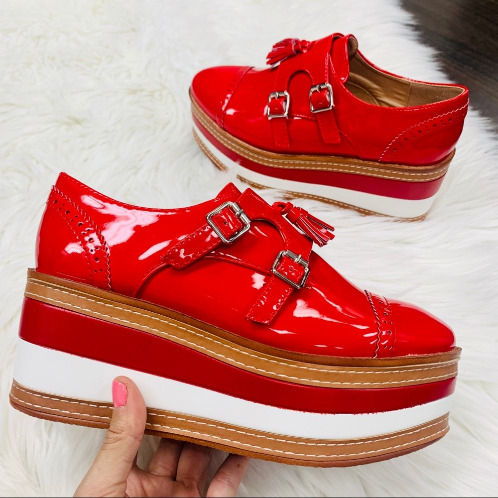 Red patent loafer platform